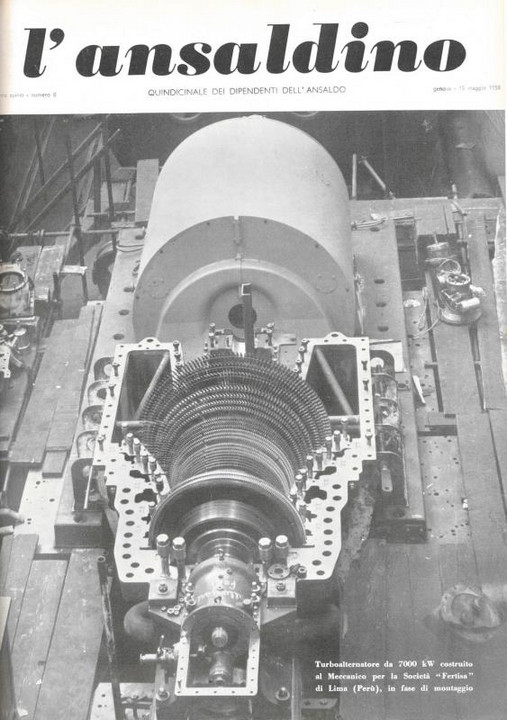 p. 1 (copertina), turboalternatore da 7000 kW costruito allo stabilimento Meccanico di Sampierdarena per la Società "Fertisa" di Lima (Per"00f9), in fase di montaggio, 1958